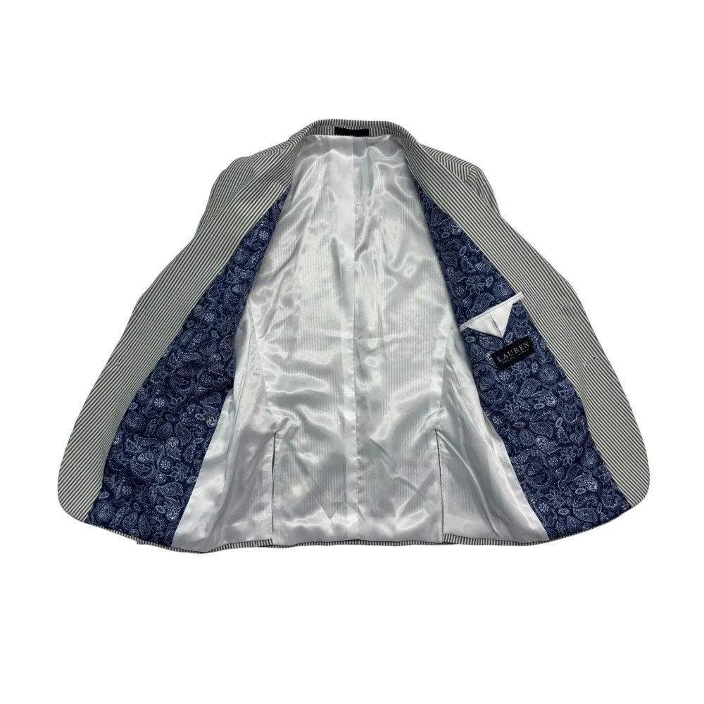 Boys Ralph Lauren 16R Blue White Striped Seersucker Blazer Jacket Sport Coat